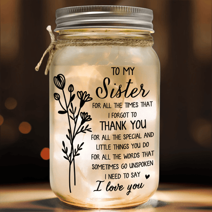Mason Jar Night Light - "To My Sister, Thank You For All You Do"