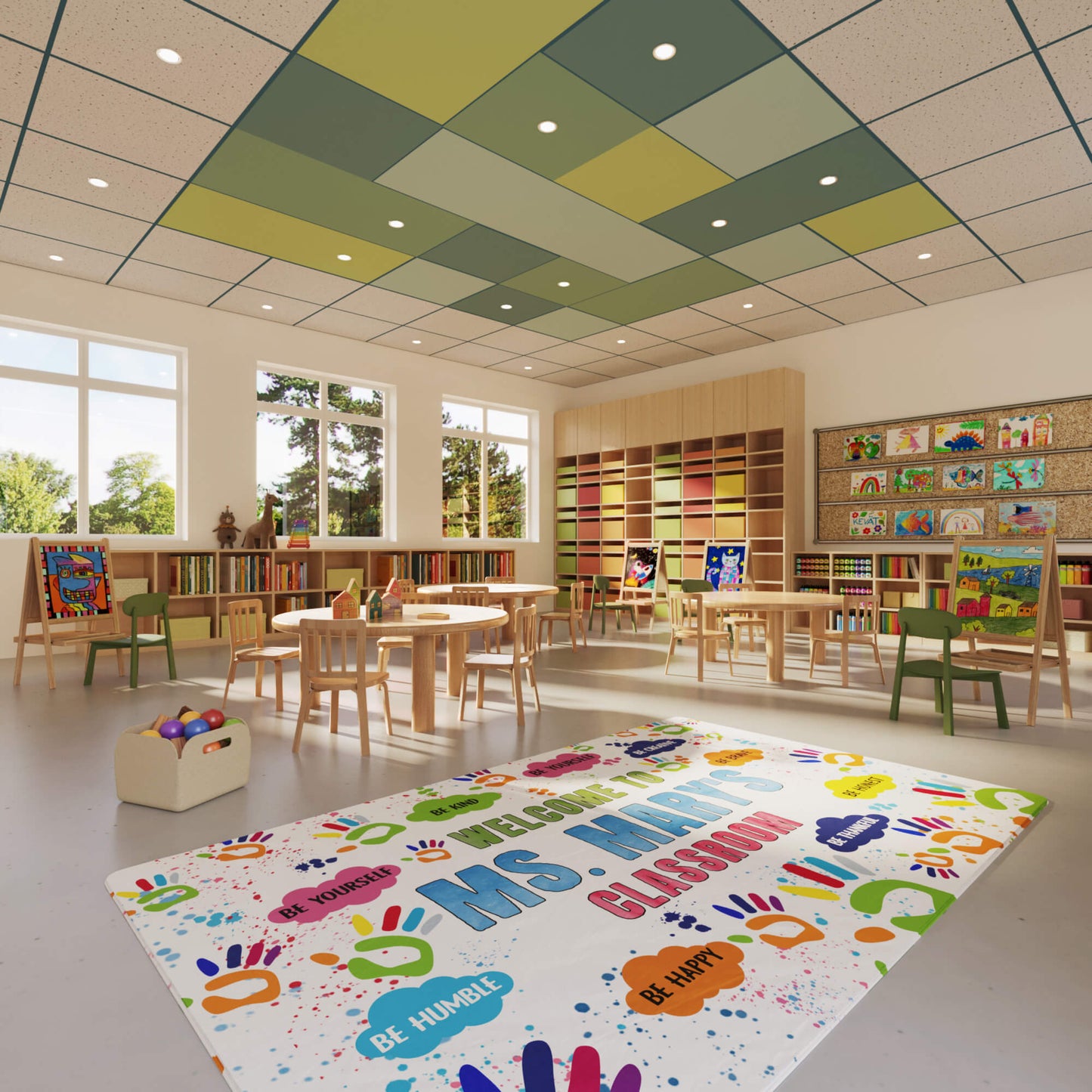 Personalized Welcome Classroom Rug - Handprint