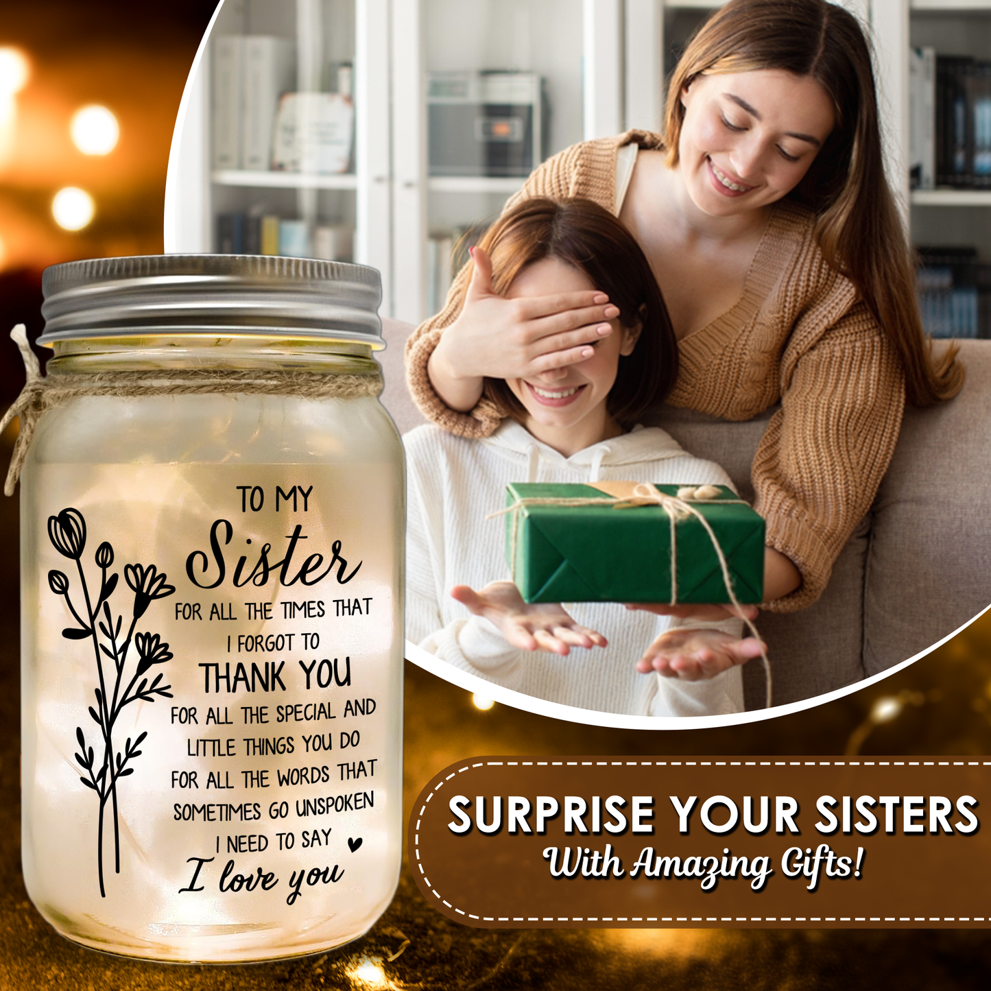 Mason Jar Night Light - "To My Sister, Thank You For All You Do"