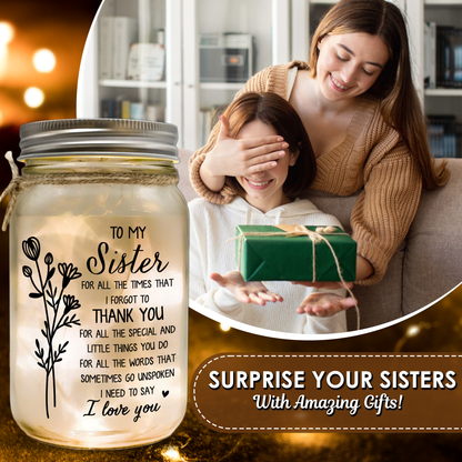 Mason Jar Night Light - "To My Sister, Thank You For All You Do"
