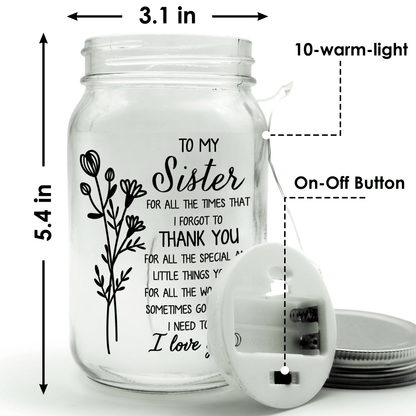 Mason Jar Night Light - "To My Sister, Thank You For All You Do"
