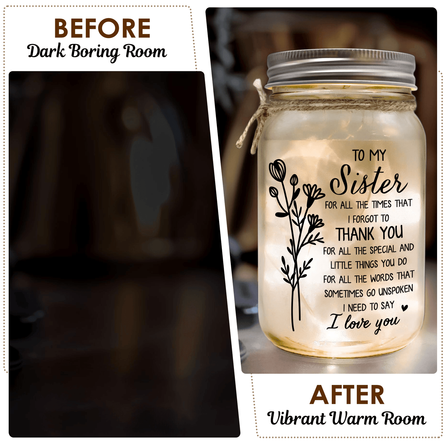 Mason Jar Night Light - "To My Sister, Thank You For All You Do"