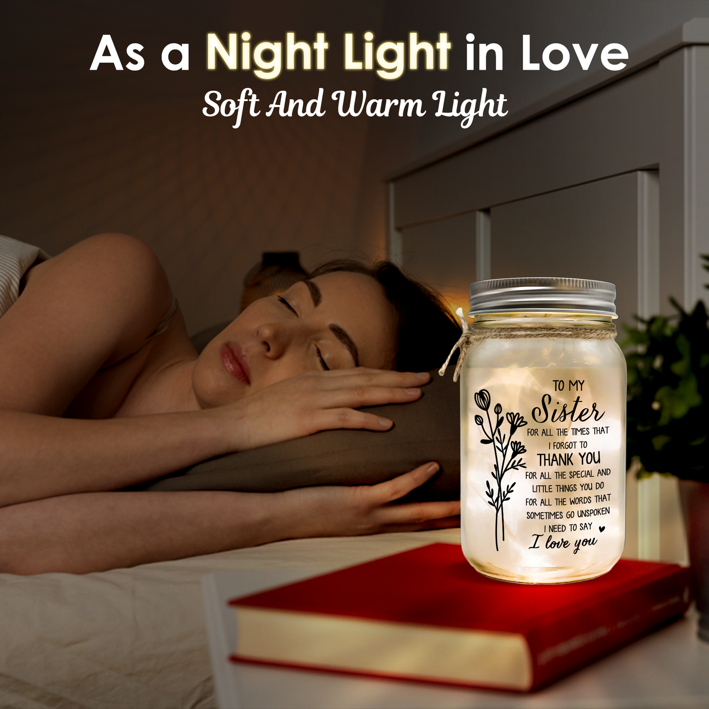 Mason Jar Night Light - "To My Sister, Thank You For All You Do"