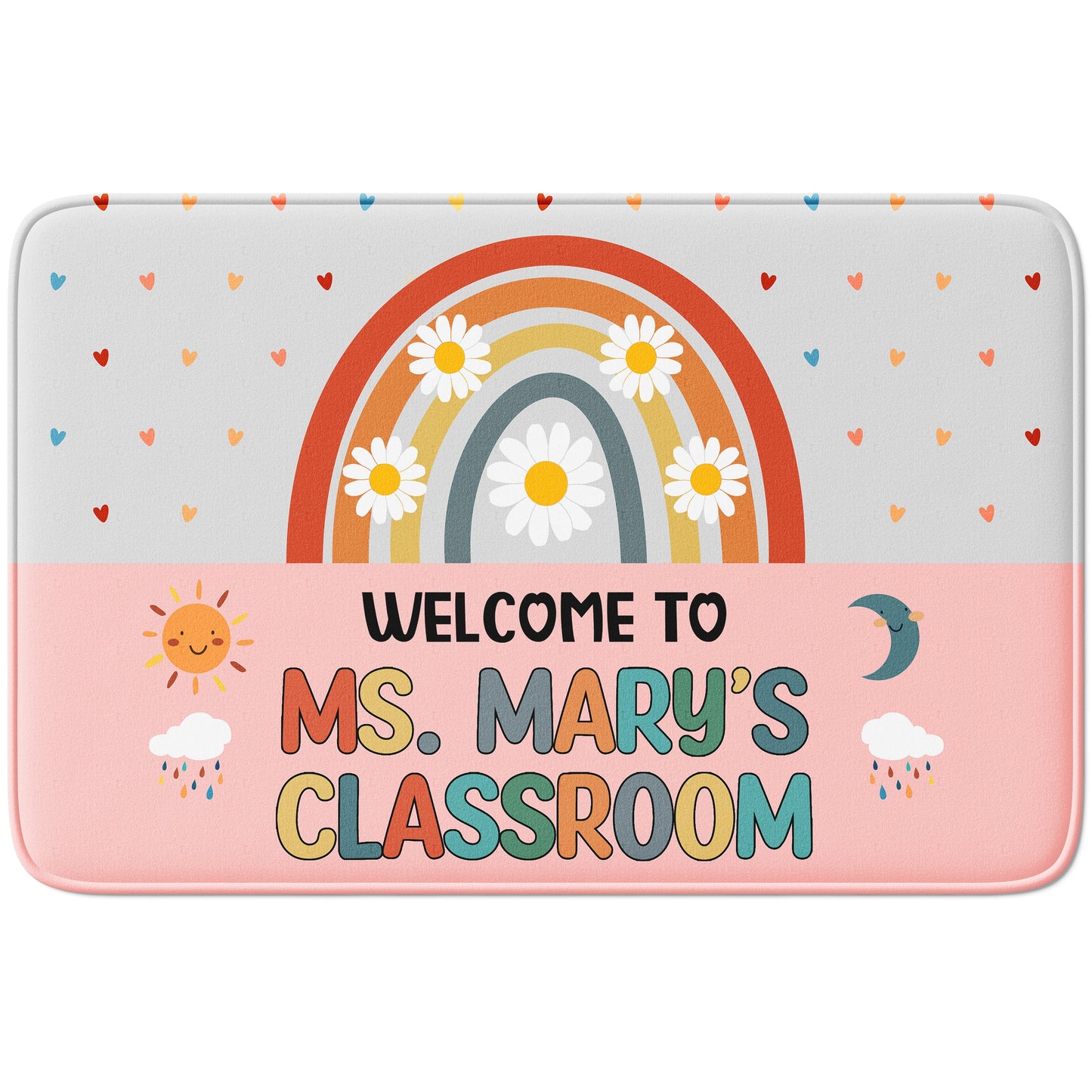 Personalized classroom mat with rainbow, flowers, and text on a white background