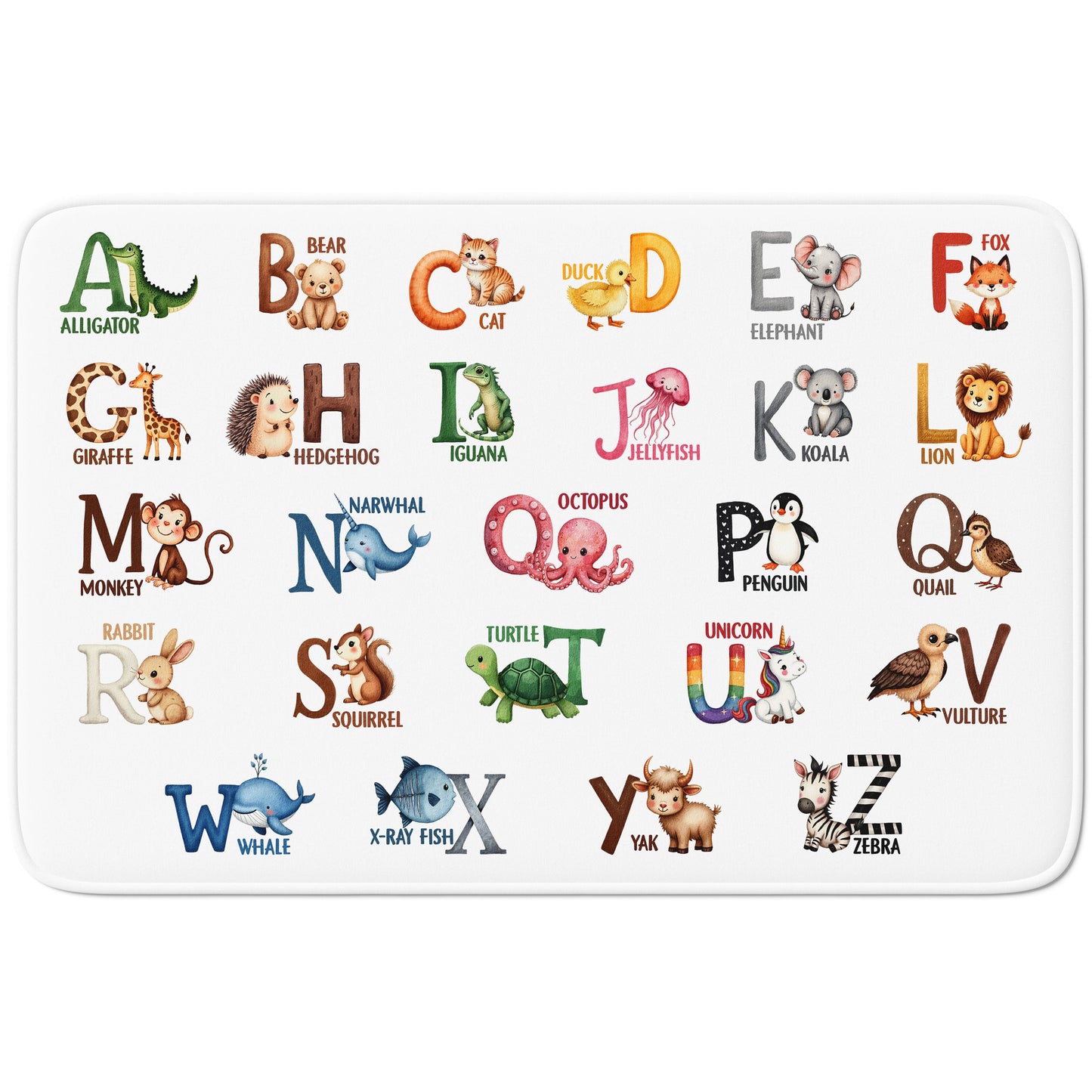ABC Watercolor Animals Alphabet Educational Classroom Rug