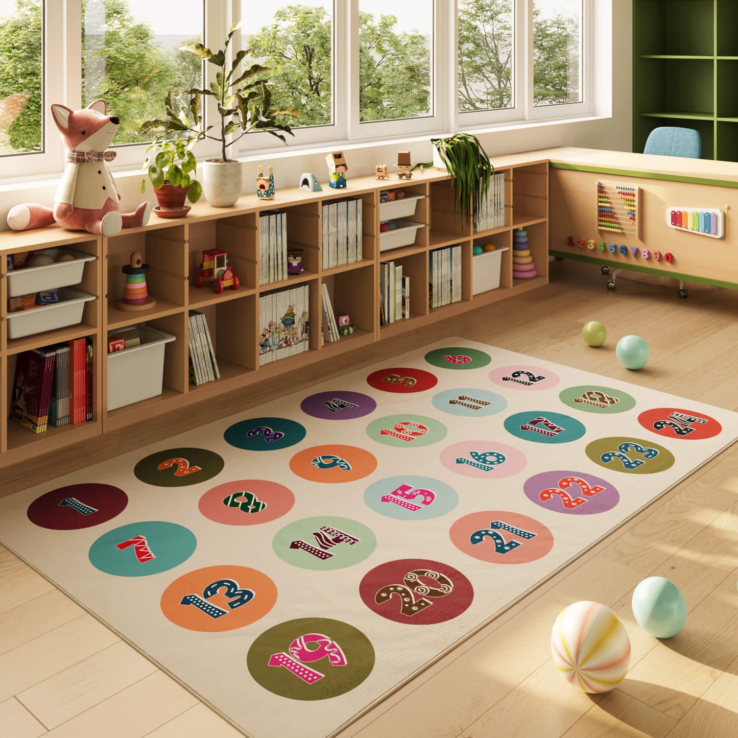 Children's playroom with a colorful rug, shelves, and toys.