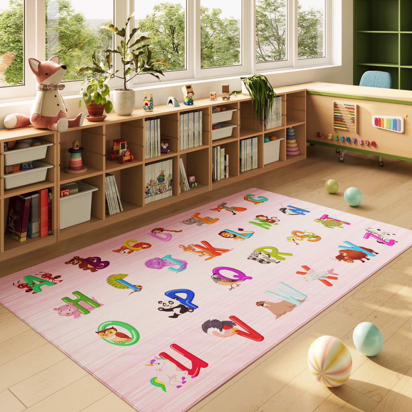 Pink ABC Animals Alphabet Educational Classroom Rug