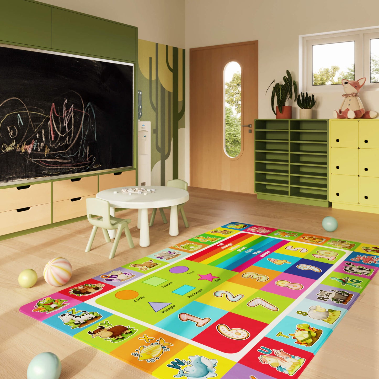 Children's playroom with colorful educational rug, table, and chairs.