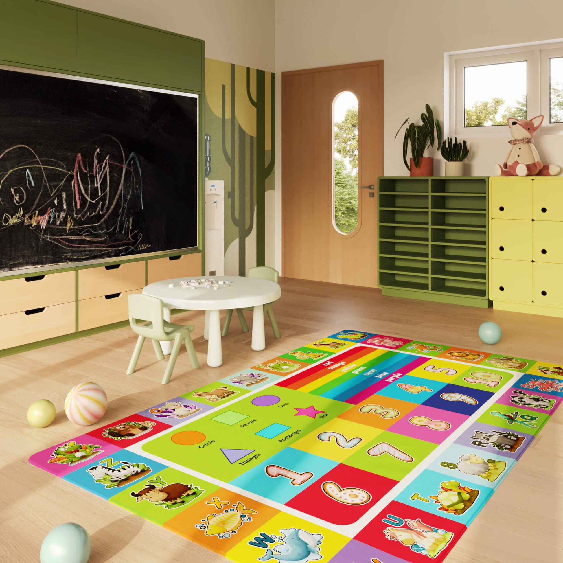 Children's playroom with colorful educational rug, table, and chairs.